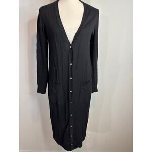 Eileen Fisher Black 100% Merino Wool V-Neck Long Line Bohemian Cardigan Women XS